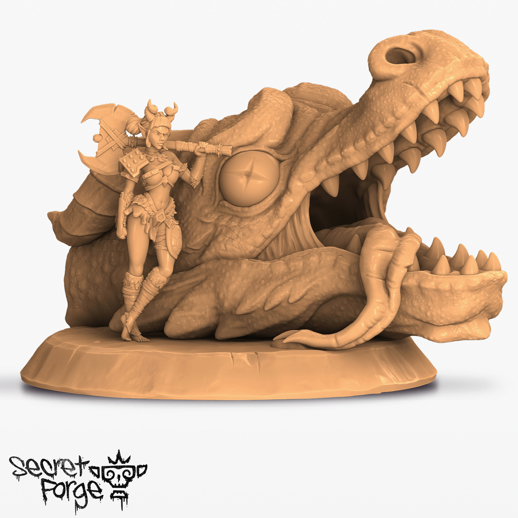 Resin Dragon Slayer Miniature, 3D Render, Front View Facing Right.