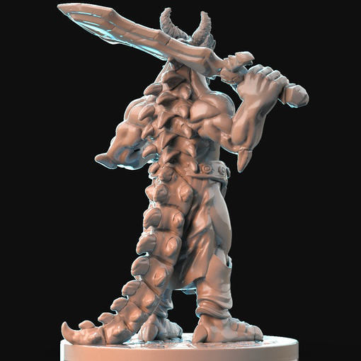 Resin Dragonborn Miniature with Sword (Pose 2), 3D Render, Back View.