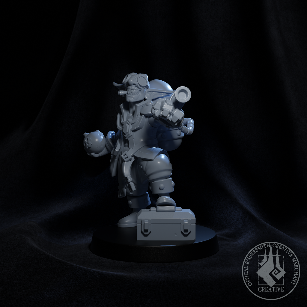 Resin Goblin Artificer Miniature, No Flame, 3D render, Front View.