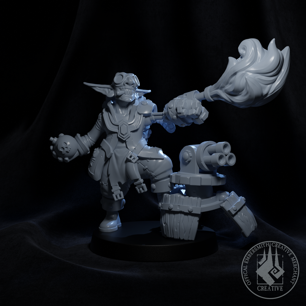 Resin Goblin Artificer Miniature, With Flame, 3D render, front view