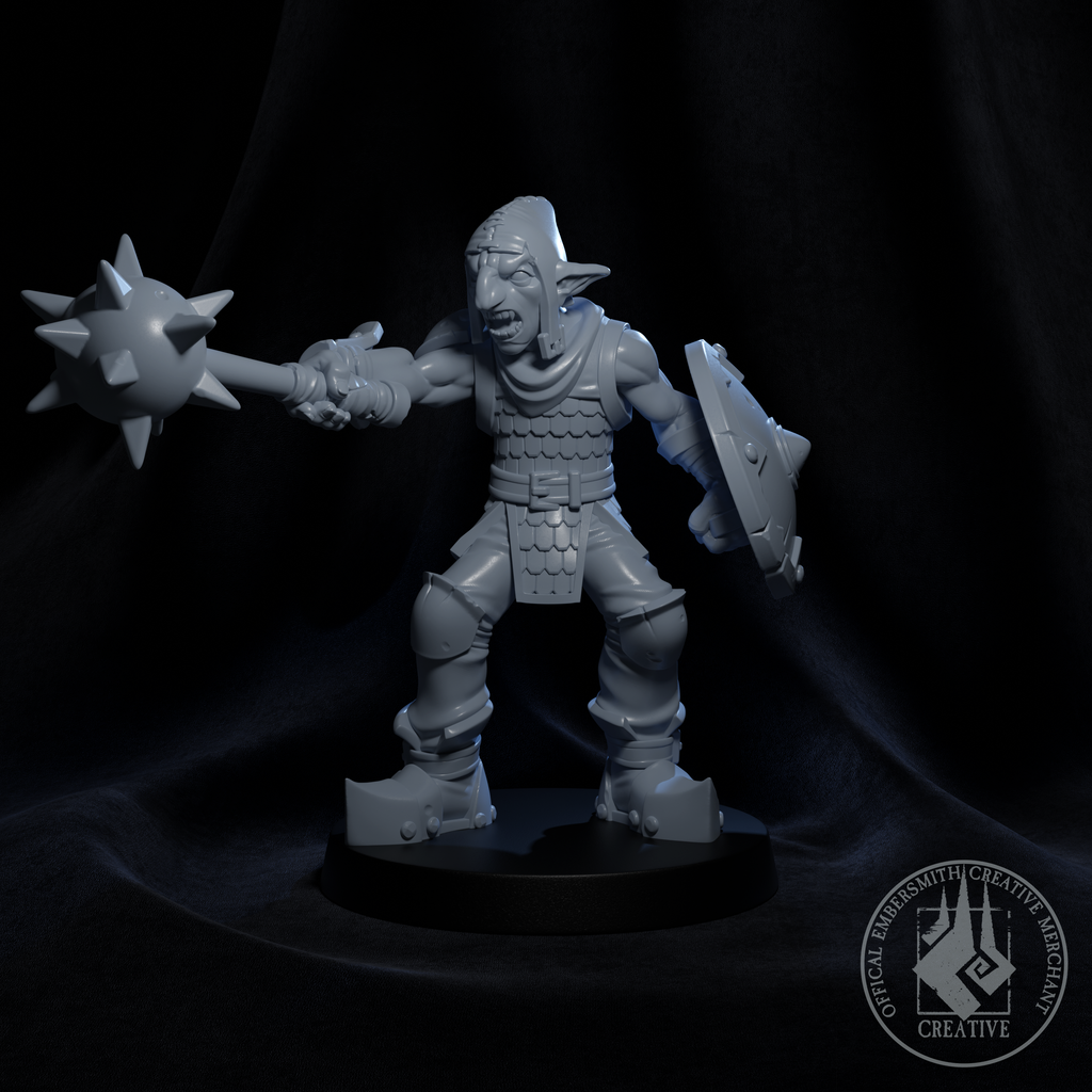 Resin Goblin Defender Miniature (Pose 3), 3D Render, Front View.