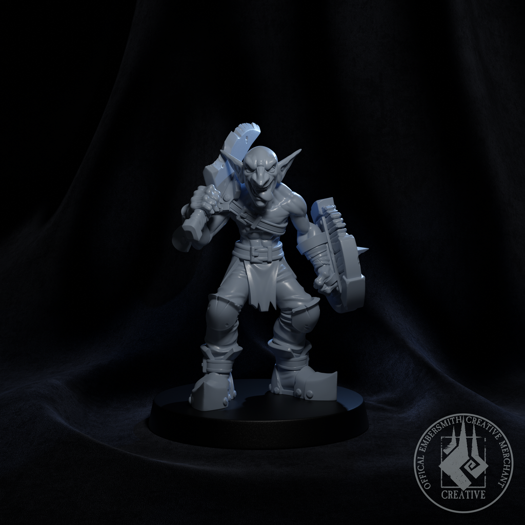Resin Goblin Defender Miniature (Pose 2), 3D Render, Front View.