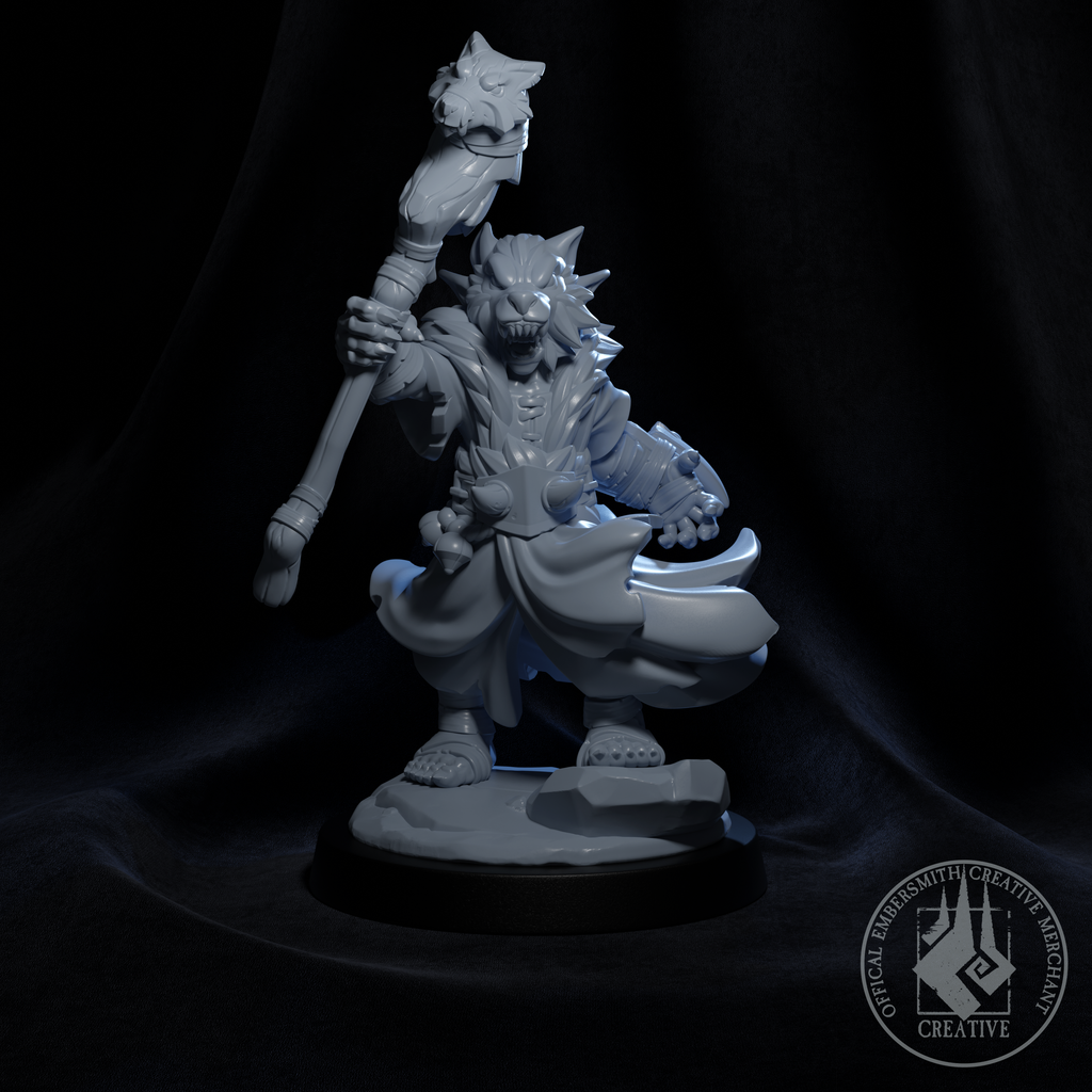 Resin Wolf Form Goblin Druid Miniature, 3D render, front view.