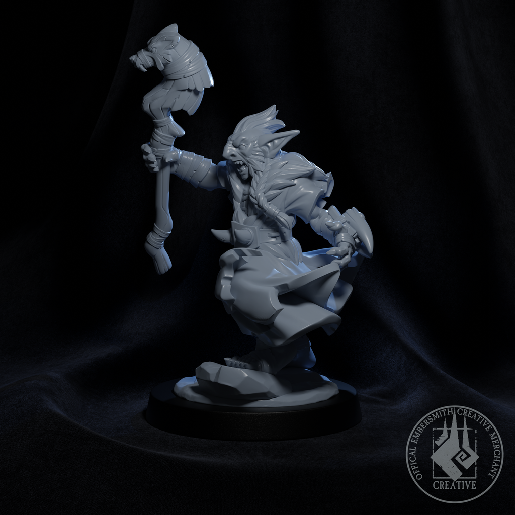 Resin Goblin Druid Miniature, 3D render, side view.