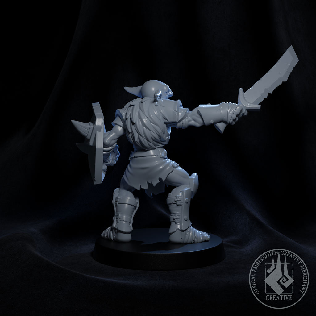 Resin Goblin Fighter Miniature, 3D Render, Back View Facing Right.