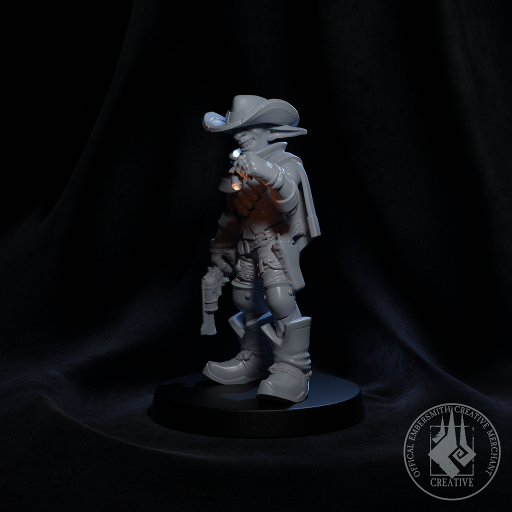Resin Goblin Gunslinger Miniature, 3D Render, Side View Facing Left.