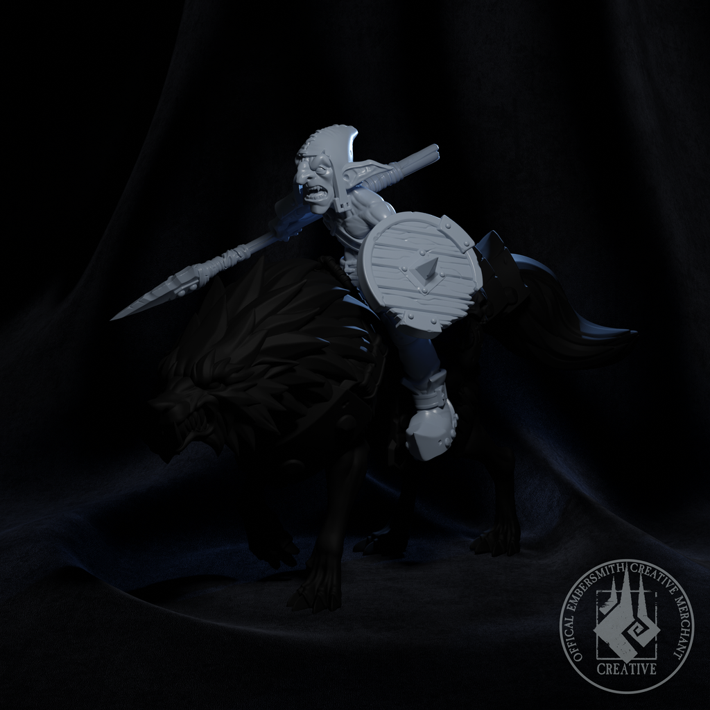 Resin Goblin Archer Rider Miniature with Wolf Mount Miniature (Pose 2), 3D Render, Side View.