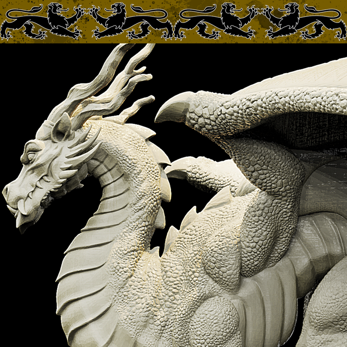 Resin Kaesin Dragon Miniature, 3D Render, Close Up Side View.