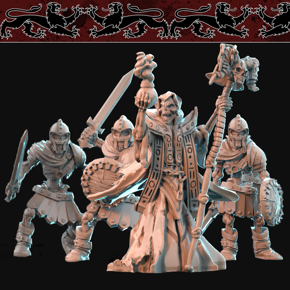 Resin Lich Miniature with Skeletons Bundle, 3D Render, Front View.