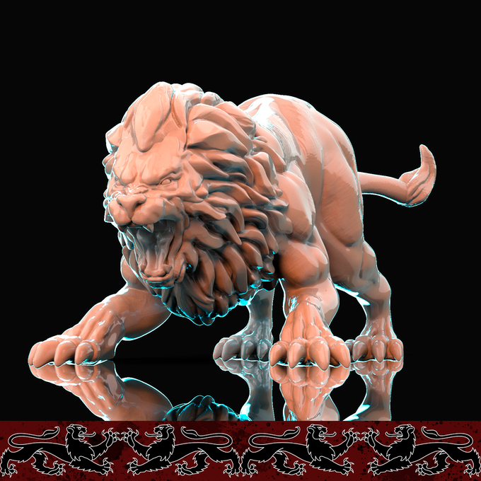 Resin Nemean Lion Miniature, 3D Render, Front View. 