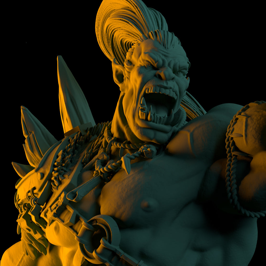 Resin Orc Miniature with Curved Axe, 3D Render, Close Up Front View.