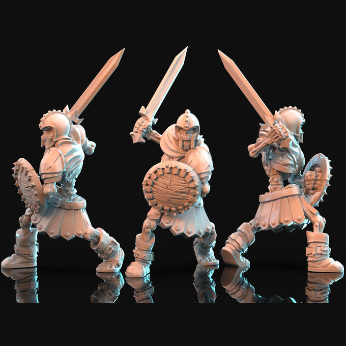 Resin Skeleton Miniature with Sword (Pose 1), 3D Render, Front and Side Views. 