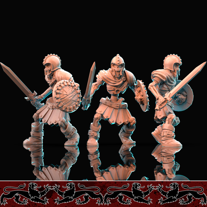 Resin Skeleton Miniature with Sword (Pose 2), 3D Render, Front and Side Views.