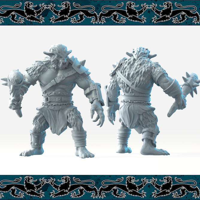 Resin Bugbear Miniature with Club (Pose 1), 3D Render, Front and Back View. 