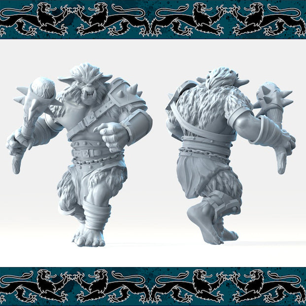 Resin Bugbear Miniature with Club (Pose 2), 3D Render, Front and Back View.