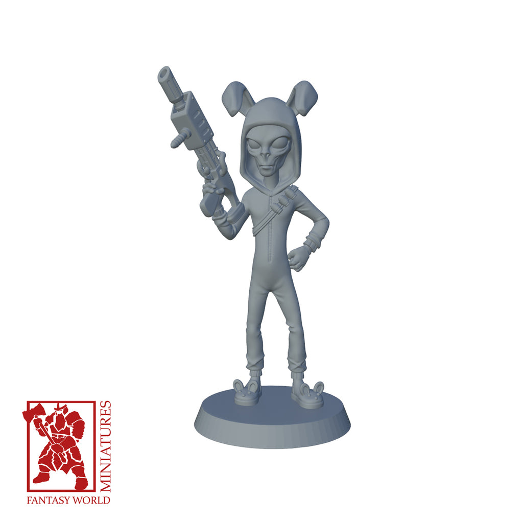 Resin Extra Terrestrial Miniature with Bunny Ears, 3D render, front view.