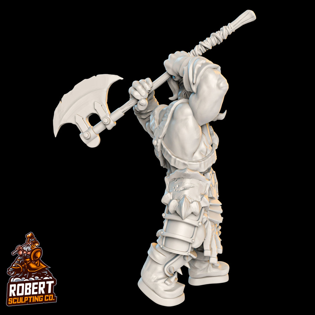 Resin Orc Miniature with Long Axe, 3D Render, Side View Facing Right.