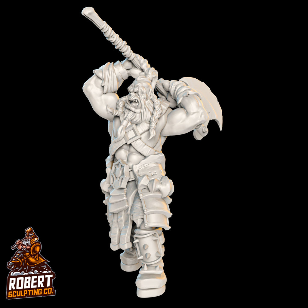 Resin Orc Miniature with Long Axe, 3D Render, Front View Facing Left.