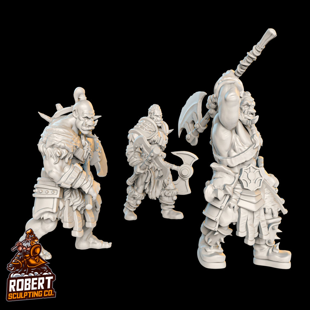 Resin Complete Orc Encounter Miniatures, 3D Render, Front Views Facing Right.