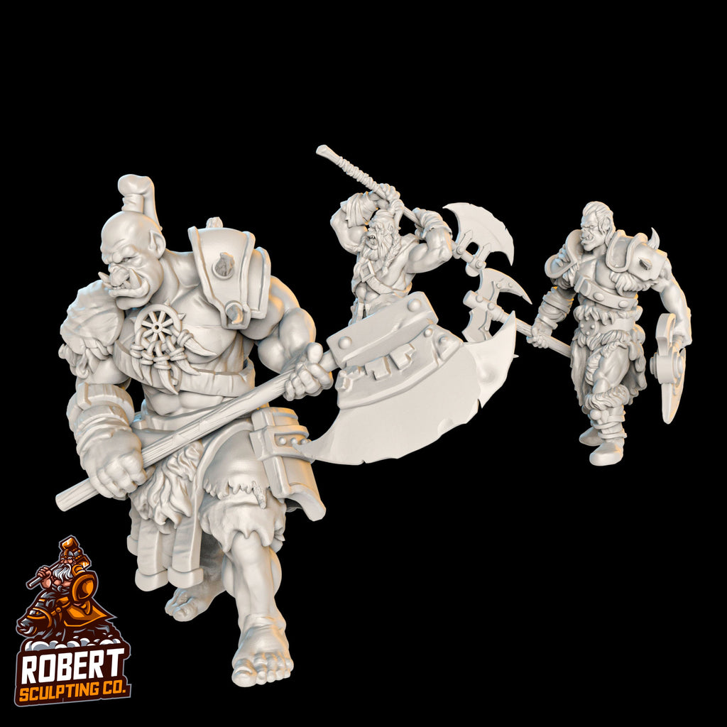 Resin Complete Orc Encounter Miniatures, 3D Render, Front Views Facing Left.