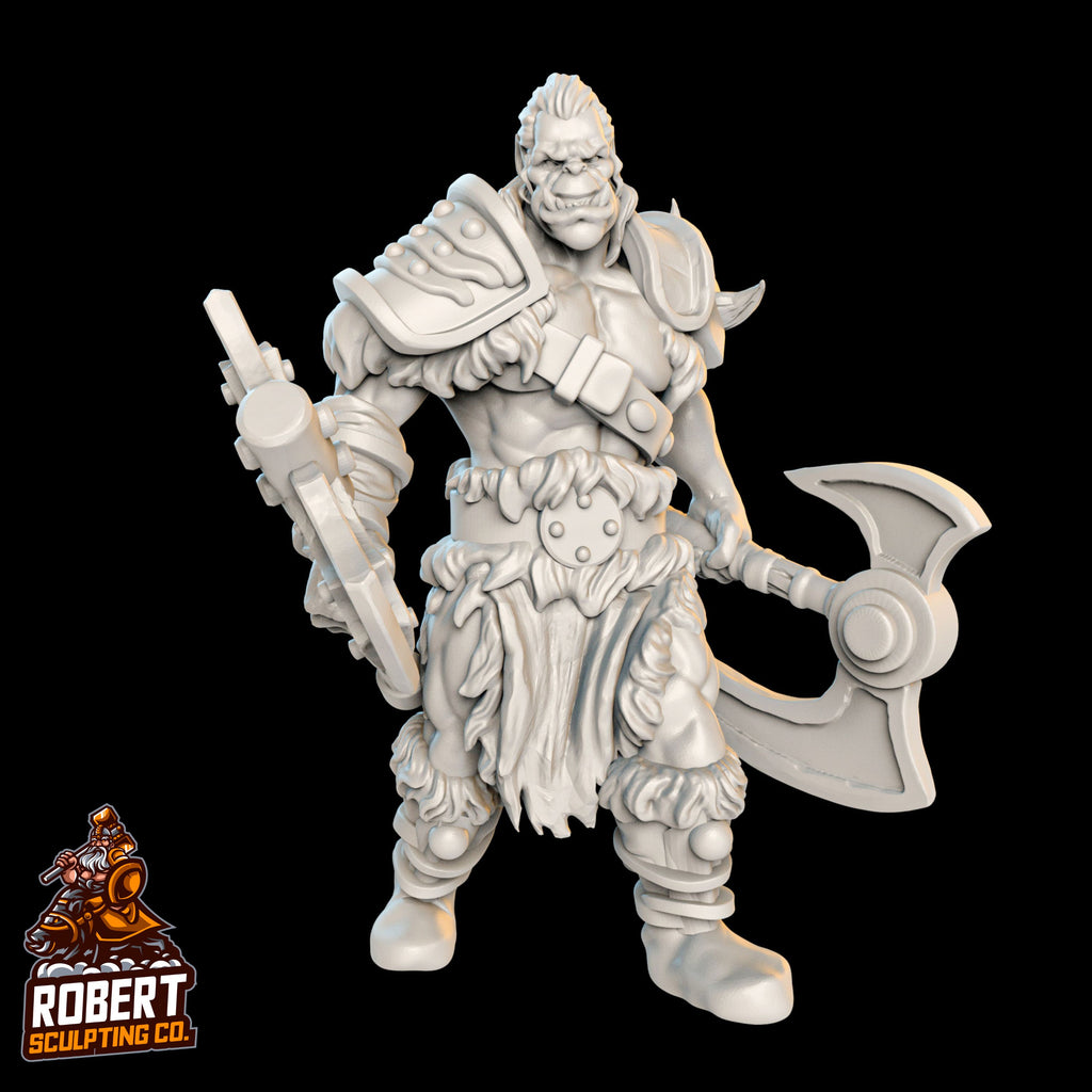 Resin Orc Miniature with Two Axes, 3D Render, Front View.
