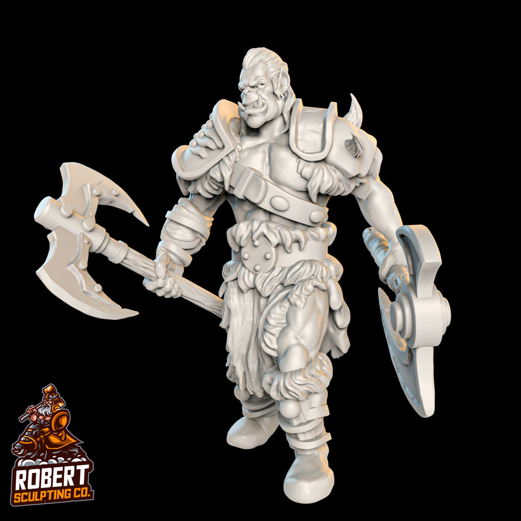 Resin Orc Miniature with Two Axes, 3D Render, Front View Facing Left.