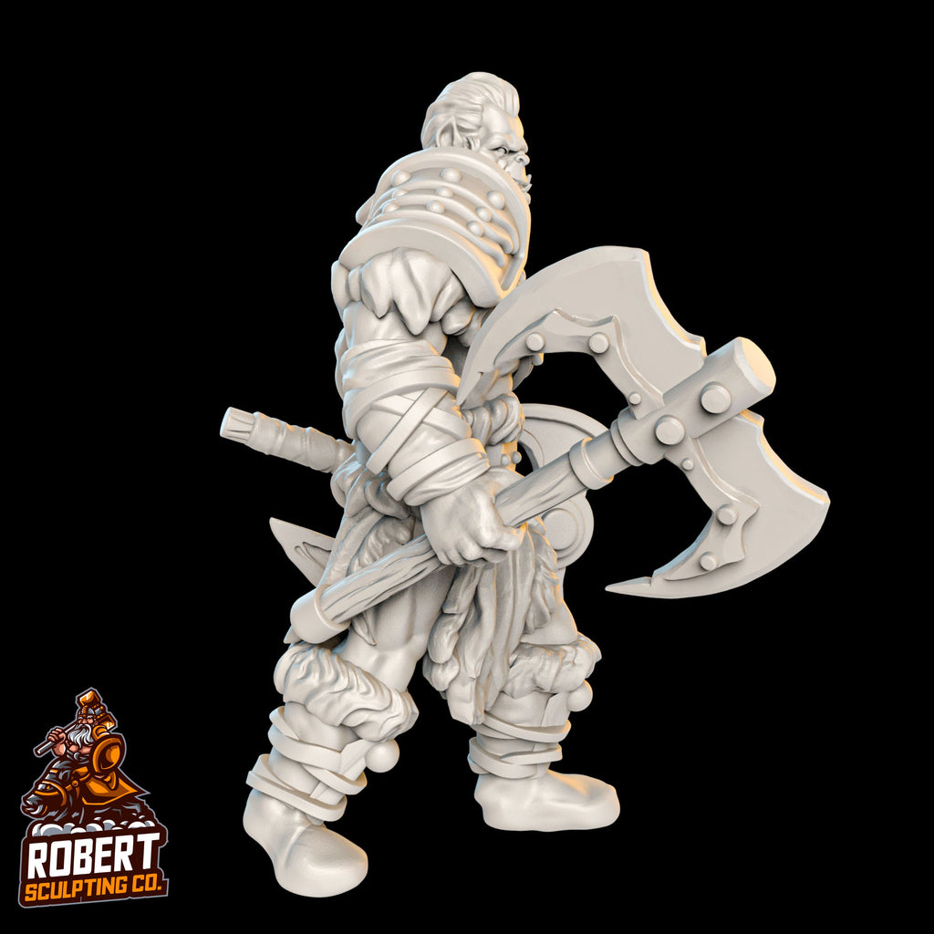 Resin Orc Miniature with Two Axes, 3D Render, Side View Facing Right.