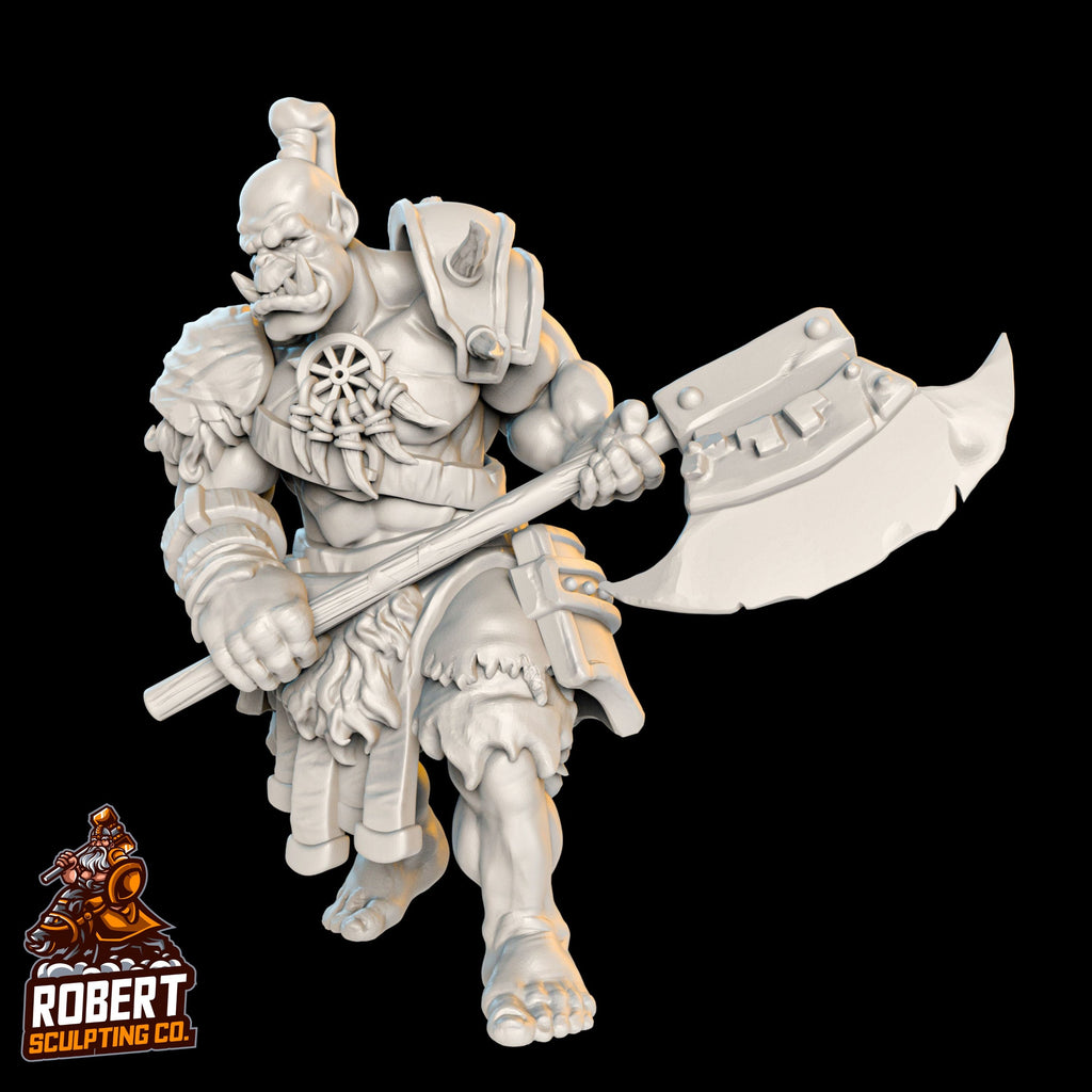 Resin Orc Miniature with Axe, 3D Render, Front View Facing Left.