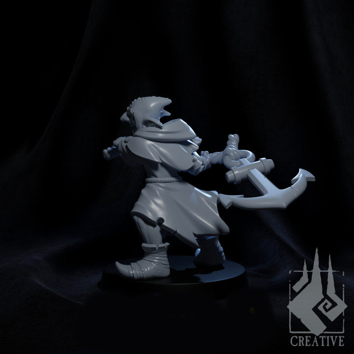 Resin Goblin Anchor Thrower Miniature, 3D render, side view facing left.