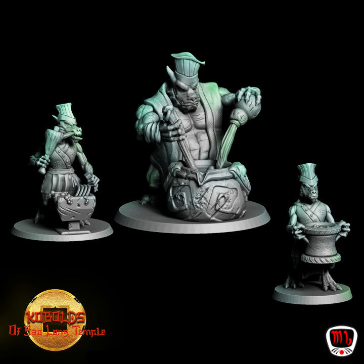 Resin Reptilefolk Chef Miniature with Helpers, 3D Render, Front Views.