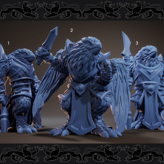 Resin Birdfolk Miniature (Pose 1, 2, 3), 3D Render, Side and Front Views.