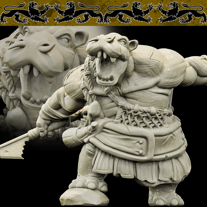 Resin Hippopotamus Warrior Miniature (Pose 1), 3D Render, Front View.