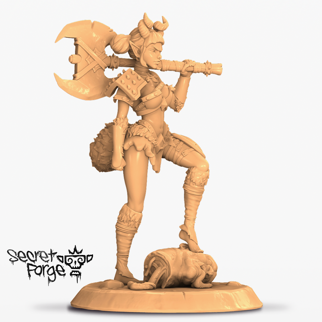 Resin Bad Axxe Moxie Miniature, 3D Render, Side View Facing Right.