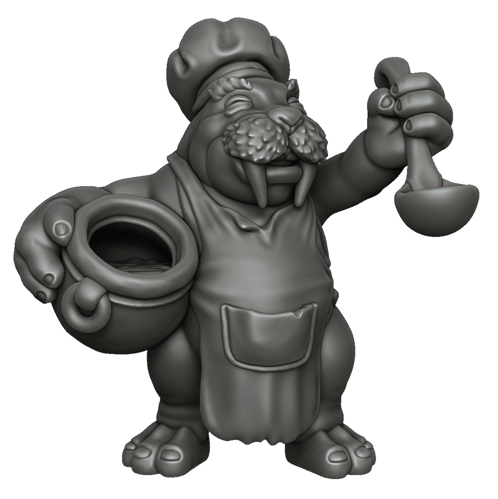 Resin Walrus Chef Miniature, 3D Render, Front View. 