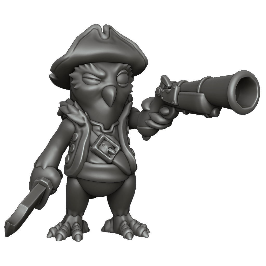 Resin Owl Pirate Miniature, 3D Render, Front View. 