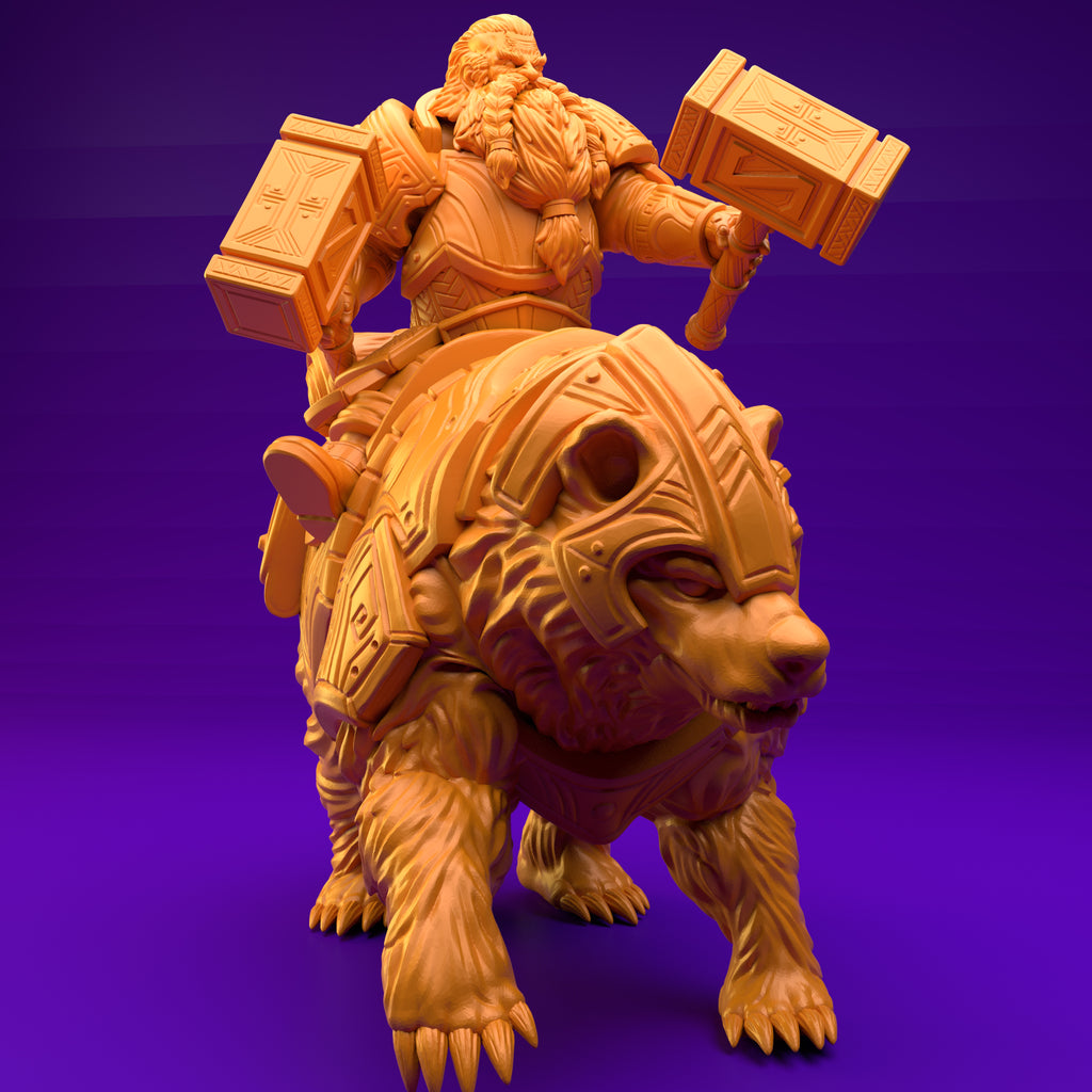 Resin Dwarf Riding a Bear Miniature (Pose 1), 3D Render, Front View.