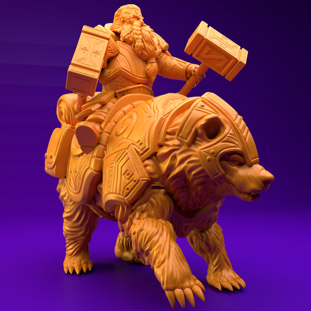 Resin Dwarf Riding a Bear Miniature (Pose 1), 3D Render, Side View.