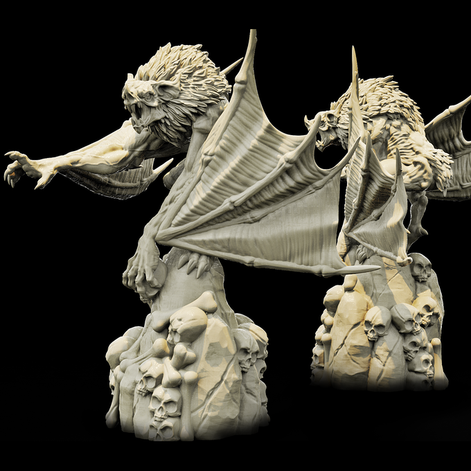 Resin Mayan Bat God Miniature (Camazotz) (Pose 3), 3D Render, Side and Back Views.