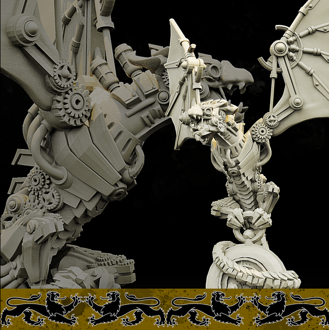 Resin Clockwork Dragon Miniature, 3D Render, Front and Close Up View.