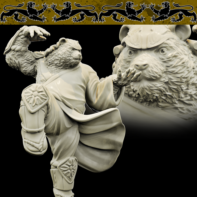 Resin CuChulain Bear Miniature (Pose 1), 3D Render, Front and Close Up View.