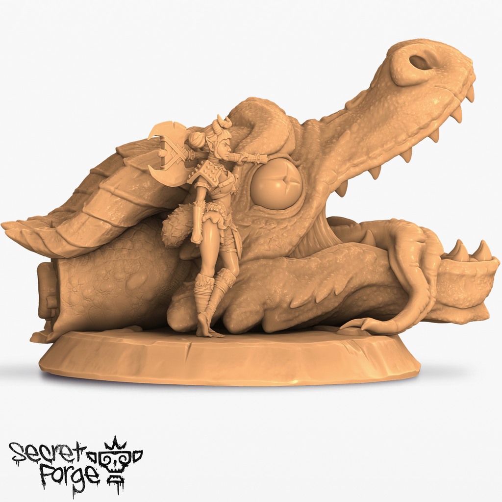Resin Dragon Slayer Miniature, 3D Render, Side View.