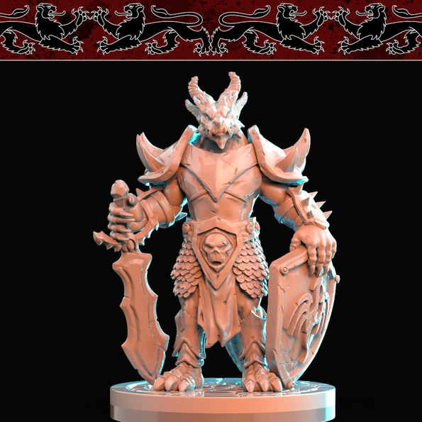 Resin Dragonborn Miniature with Sword (Pose 1), 3D Render, Front View.