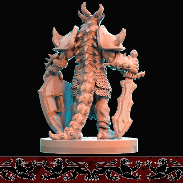 Resin Dragonborn Miniature with Sword (Pose 1), 3D Render, Back View.