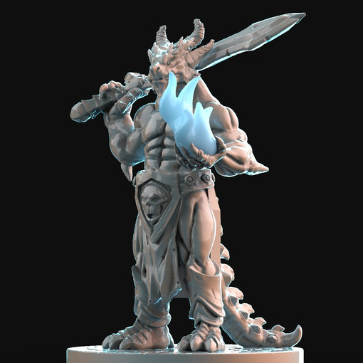 Resin Dragonborn Miniature with Sword (Pose 2), 3D Render, Front View.