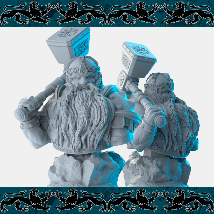 Resin Dwarf Bust Miniature, 3D Render, Front and Side View.