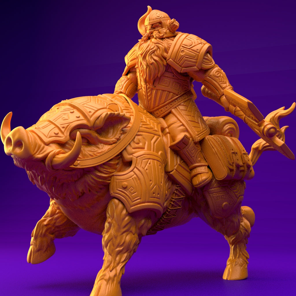 Resin Dwarf Riding a Boar Miniature (Pose 1), Side View Facing Left.