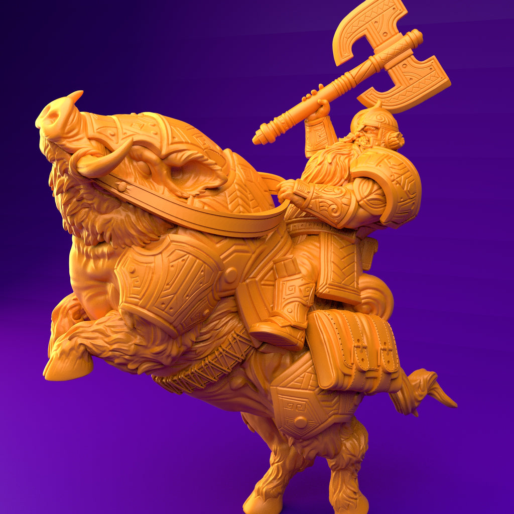 Resin Dwarf Riding a Boar Miniature (Pose 2), Side View Facing Left.