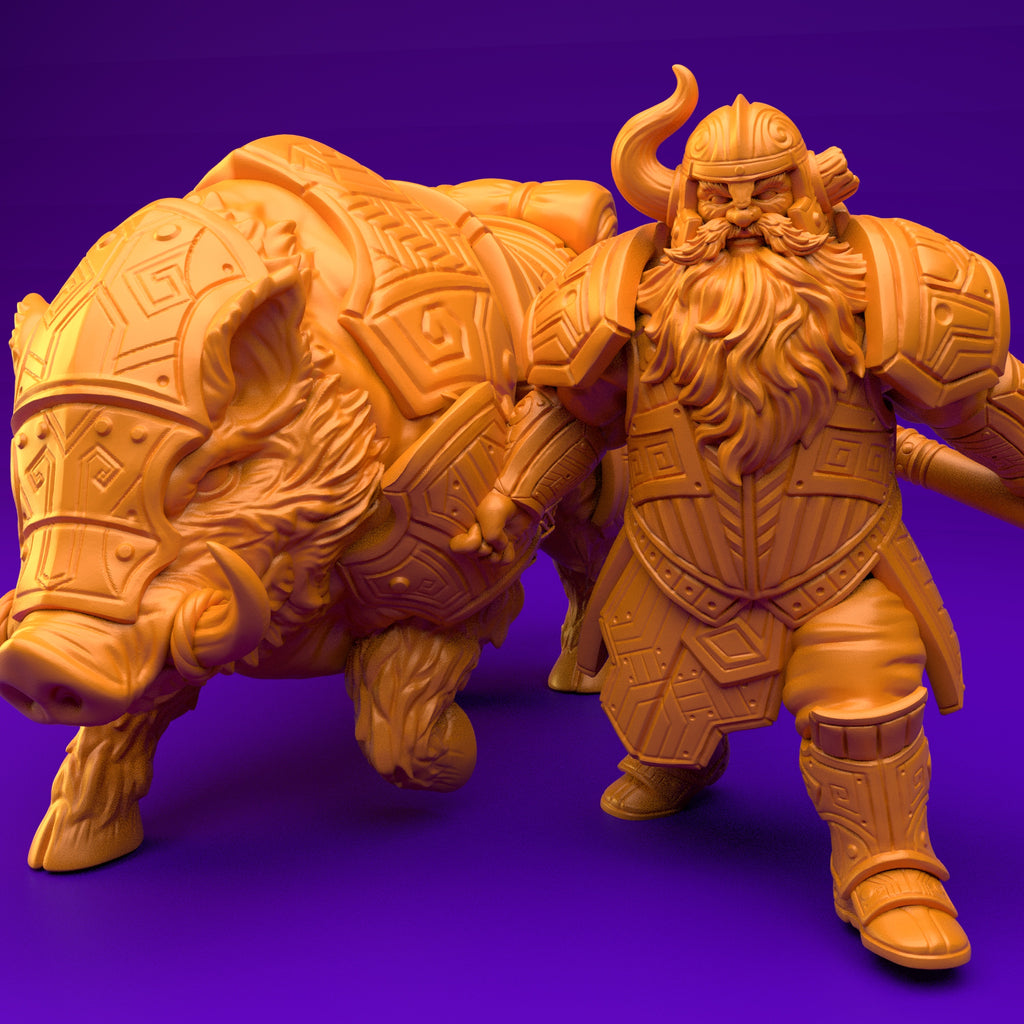 Resin Dwarf Riding a Boar Miniature (Pose 3), Front View.