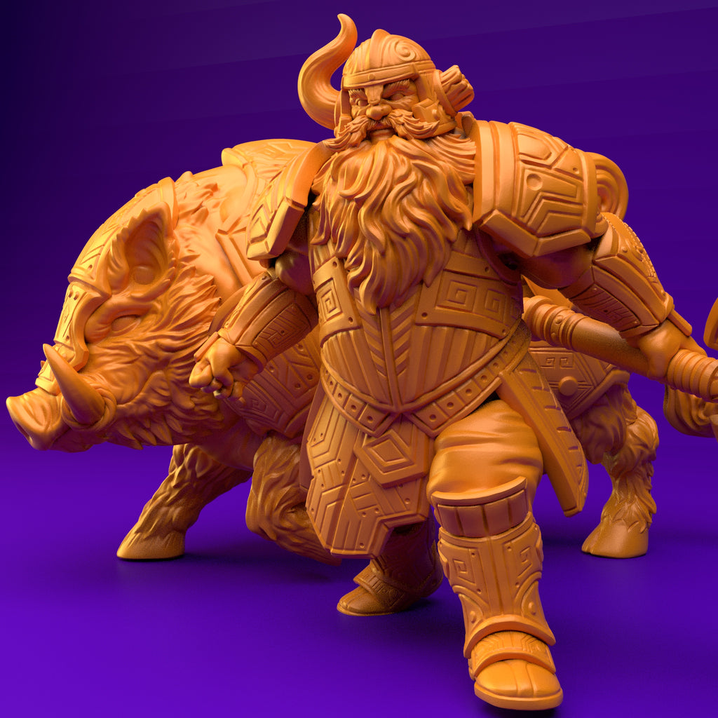 Resin Dwarf Riding a Boar Miniature (Pose 3), Close Up Front View.