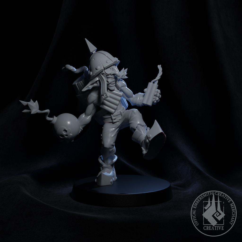 Resin Pyrotechnics Goblin Miniature, 3D Render, Front View Facing Right. 